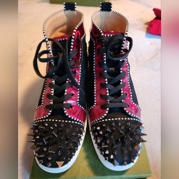 Christian Louboutin men's mid Top special edition red/black with suede w/spikes - Picture 1 of 4